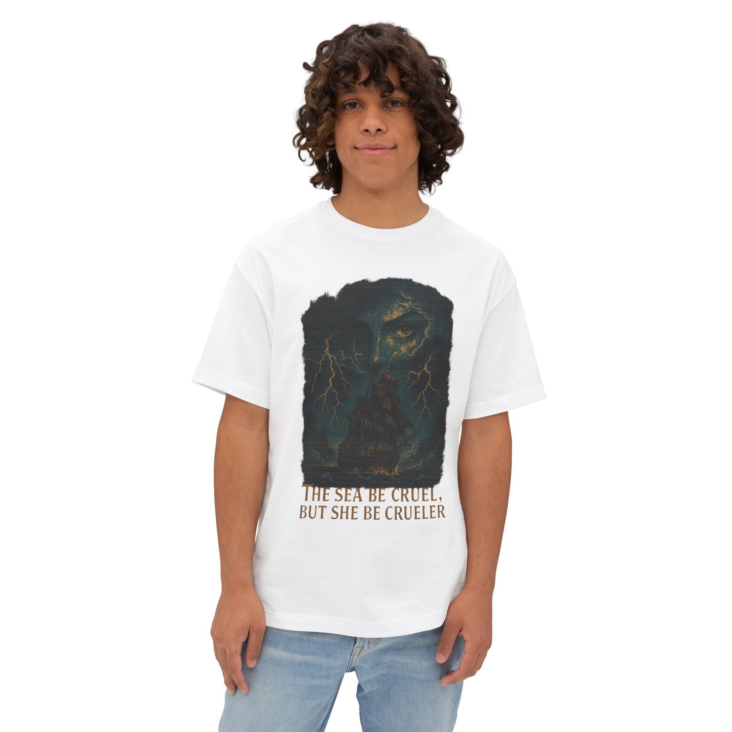 The Sea’s Cruel but She Be Crueler – Pirate Graphic T-Shirt for Men, Nautical Humor Tee, Ocean Lover Gift