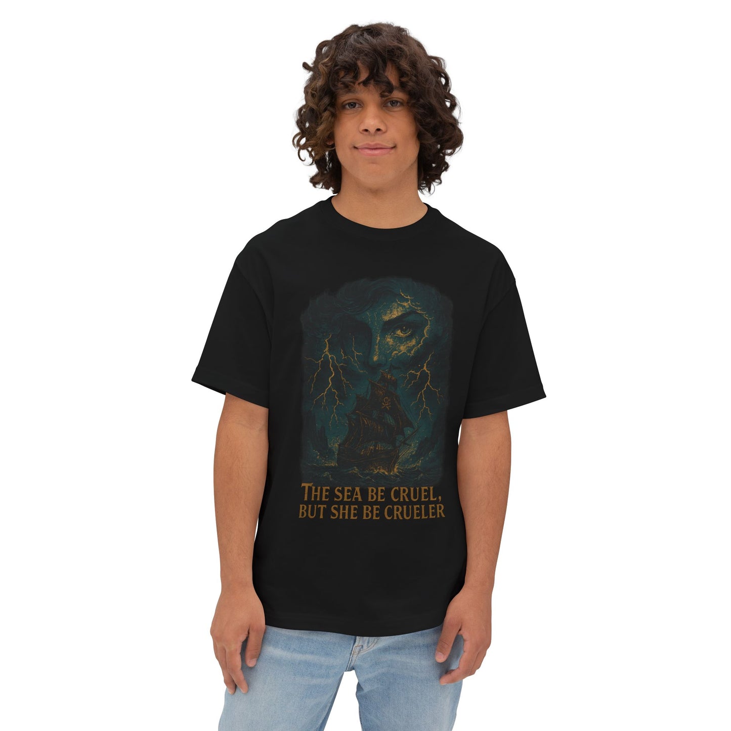 The Sea’s Cruel but She Be Crueler – Pirate Graphic T-Shirt for Men, Nautical Humor Tee, Ocean Lover Gift